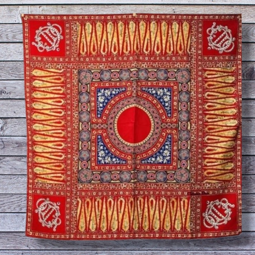 DIOR Vintage Red, Gold & Blue Silk Scarf - Intricate Hand Rolled Edges 90 Square